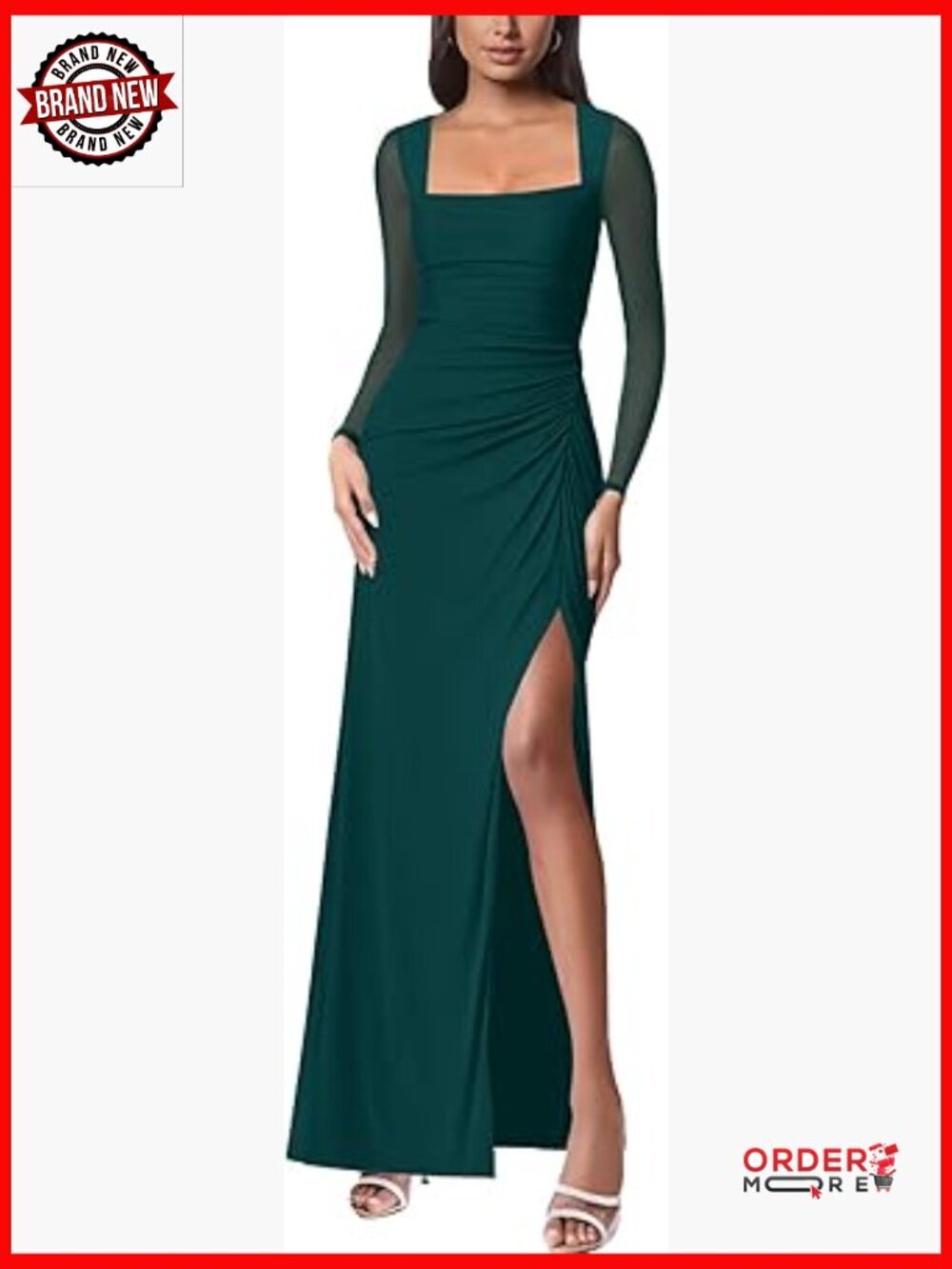 Women Mesh Long Sleeve Square Neck Ruched Sheath Formal Evening Maxi Dress